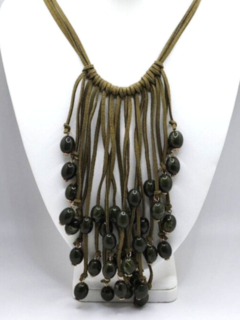 Vintage Erica Lyons Dk Green Leather Fringe Necklace Green Marbled Acrylic Bead